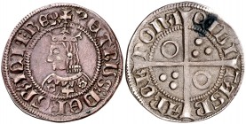 Pere III (1336-1387). Barcelona. Croat. (Cru.V.S. 408) (Cru.C.G. 2223b). 3,16 g. Flores de seis pétalos y cruz en el vestido. Letras A y U góticas. T ...