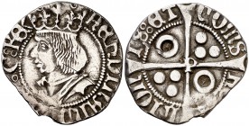 Ferran II (1479-1516). Perpinyà. Croat. (Cru.V.S. 1155.1) (Cru.C.G. 3074). 3,01 g. Cospel irregular. Muy rara. MBC-.