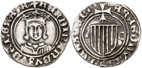 Ferran II (1479-1516). Aragón. Medio real. (Cru.V.S. 1305.2) (Cru.C.G. 3205c). 1,78 g. Escudo pequeño. Ex Áureo 15/12/1994, nº 2332. Escasa. MBC.