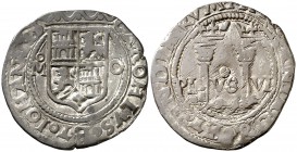 s/d. Juana y Carlos. México. O. 1 real. (Cal. 150). 3,32 g. Nombre del rey: CAROHLVS. Algo descentrada. Buen ejemplar. (MBC+).