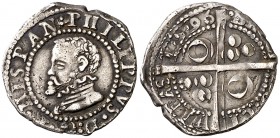 1596. Felipe II. Barcelona. 1/2 croat. (Cal. falta) (Badia falta) (Cru.C.G. 4247, mismo ejemplar) (A.N. 25 pàg. 141-142, nº 970A, mismo ejemplar). 1,5...