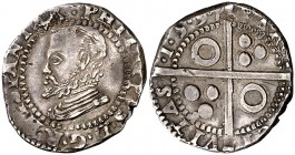 1597. Felipe II. Barcelona. 1 croat. (Cal. 607) (Badia 952) (Cru.C.G. 4246h). 3,27 g. Buen ejemplar. Rara. MBC.