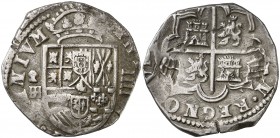 (1597). Felipe II. Segovia. Árbol. 4 reales. (Cal. 366). 13,65 g. Tipo "OMNIVM". Fecha no visible en reverso. Golpecitos. Ex Áureo 30/06/1993, nº 287....