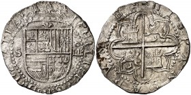 s/d. Felipe II. Sevilla. . 4 reales. (Cal. 391). 13,61 g. Flor de lis entre escudo y corona. Oxidaciones limpiadas, pero extraordinario ejemplar. Esca...