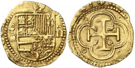 s/d. Felipe II. Toledo. . 2 escudos. (Cal. 90) (Tauler 61). 6,75 g. Armas de Flandes y Tirol intercambiadas. Escudo pequeño y largo. Bonito color. Ex ...
