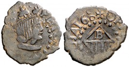 1600. Felipe III. Banyoles. 1 diner. (Cru.L. 1056.2) (Cru.C.G. 3657a). 0,56 g. Corona distinta. Fecha perfecta, con los dos ceros más pequeños y en ve...