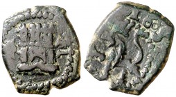 1605. Felipe III. Coruña. 2 maravedís. (Cal. falta) (J.S. D-58) (Seb. 60). 1,51 g. Fecha perfecta con el 0 muy pequeño. Muy rara y más así. MBC+.