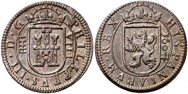 1607/5/4. Felipe III. Segovia. 8 maravedís. Inédita. 6,85 g. Bella. Escasa así. ...