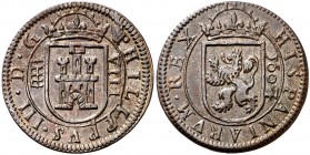 1607/5/4. Felipe III. Segovia. 8 maravedís. Inédita. 6,85 g. Bella. Escasa así. EBC-.