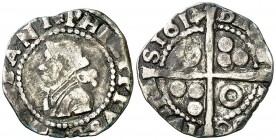 1614. Felipe III. Barcelona. 1/2 croat. (Cal. 532 var) (Cru.C.G. 4341l, mismo ejemplar) (L'Ardit nº12, pàg. 22-23, nº 1A, mismo ejemplar). 1,30 g. El ...
