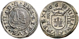 1663. Felipe IV. Segovia. . 4 maravedís. (Cal. 1552) (J.S. M-570) (Seb. 610, mismo ejemplar). 0,87 g. Atractiva. Escasa así. EBC-.