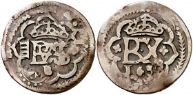 1658. Felipe IV. Burgos. (Cal. pág. 370) (J.S. K-5, mismo ejemplar) (Seb. 79). 4,48 g. Resello de valor IIII sobre 4 maravedís de Segovia. El resello ...