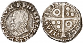 1635. Felipe IV. Barcelona. 1 croat. (Cal. 969) (Cru.C.G. 4413d). 3,28 g. Busto de Felipe II. Ex Áureo 18/12/2001, nº 589. Rara y más así. MBC/MBC+....