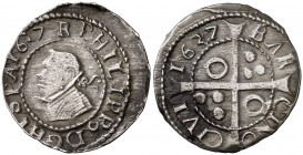 1637. Felipe IV. Barcelona. 1 croat. (Cal. 979) (Cru.C.G. 4414f). 3,15 g. Fecha en anverso y reverso. Atractiva. Ex Colección Isabel de Trastámara 25/...