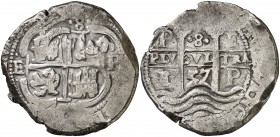 1657. Felipe IV. Potosí. E. 8 reales. (Cal. falta) (Pochetti 280). 27,33 g. Triple fecha, dos parciales. Ceca y ensayador intercambiados en anverso. E...