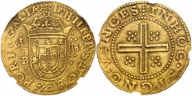 s/d (1621-1640). Felipe IV. Lisboa. 4 cruzados. (Vti. 1691) (Gomes 20.02). Bella. Preciosa pátina. En cápsula de la NGC como AU55, Nº 3928044-042. Ex ...
