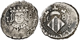 1681. Carlos II. Valencia. 1 divuitè. (Cal. 768) (Cru.C.G. 4926). 2,06 g. Corona dentada. Ex Colección Isabel de Trastámara 14/12/2017, nº 555. Ex Col...