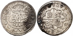 1682. Carlos II. Segovia. M. 2 reales. (Cal. 639). 6,59 g. Mancha. MBC.