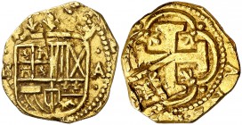 (1673 ó 1687). Carlos II. Barcelona. A. 2 escudos. (Cal. tipo 29a) (Tauler 181a, mismo ejemplar). 6,69 g. Acuñada sobre otra moneda, en el reverso se ...