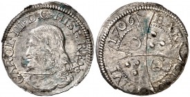 1706. Carlos III, Pretendiente. Barcelona. 1 croat. (Cal. 34) (Cru.C.G. 5005c). 2,65 g. Rayitas. Brillo original. Ex Áureo 01/03/2000, nº 1580. (EBC-)...