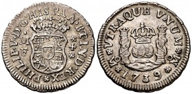 1739. Felipe V. México. MF. 1/2 real. (Cal. 1863). 1,68 g. Columnario. Escasa así. EBC.