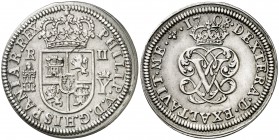 1708. Felipe V. Segovia. Y. 2 reales. (Cal. 1383). 5,81 g. La corona separa la fecha. Palma derecha sobre inquierda. Buen ejemplar. Ex Áureo & Calicó ...