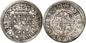 1718. Felipe V. Sevilla. M. 4 reales. (Cal. 1143). 10,70 g. Dos flores de lis en las armas de Borgoña. Restos de barniz. MBC.