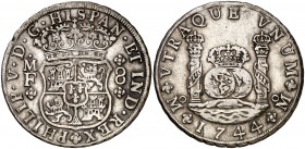 1744. Felipe V. México. MF. 8 reales. (Cal. 797). 26,88 g. Columnario. MBC-.