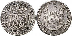 1747. Felipe V. México. MF. 8 reales. (Cal. 501). 26,69 g. Columnario. Raspadura. Rara. MBC-.