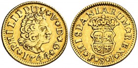 1744. Felipe V. Sevilla. PJ. 1/2 escudo. (Cal. 586). 1,76 g. Ex Colección Samuel Prades Montoliu. MBC/MBC+.