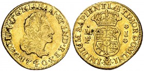 1740. Felipe V. México. MF. 1 escudo. (Cal. 525). 3,32 g. Atractiva. Parte de brillo original. Rara así. EBC-.