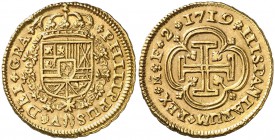 1719. Felipe V. Madrid. F. 2 escudos. (Cal. 324). 6,74 g. Golpecito. Ex Áureo & Calicó 29/10/2015, nº 2506. Ex Áureo & Calicó 18/10/2017, nº 1541. Rar...