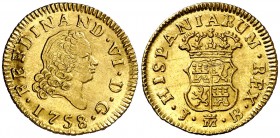 1758. Fernando VI. Madrid. JB. 1/2 escudo. (Cal. 256). 1,76 g. Bella. Brillo original. Escasa así. S/C-.
