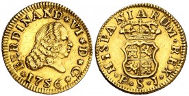1756. Fernando VI. Sevilla. PJ. 1/2 escudo. (Cal. 269). 1,80 g. Segundo busto. Buen ejemplar. MBC+.