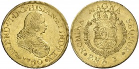 1760. Fernando VI. Popayán. J. 8 escudos. (Cal. 50) (Cal.Onza 613) (Restrepo 26.6, indica "rare"). 26,91 g. Acuñación póstuma. Bella. Parte de brillo ...