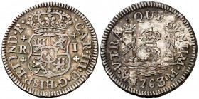 1763/2. Carlos III. México. M. 1 real. (Cal. 1543 var). 3,41 g. Columnario. Golpecito. Atractiva. Pátina. Rara así. EBC/EBC-.