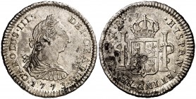 1773. Carlos III. Potosí. JR. 1 real. (Cal. 1596). 3,42 g. Manchitas. Parte de brillo original. Escasa así. (EBC).