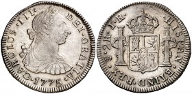 1775. Carlos III. Potosí. JR. 2 reales. (Cal. 1385). 6,71 g. Bella. Escasa así. EBC.