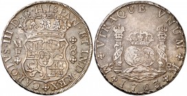 1763. Carlos III. México. MF. 8 reales. (Cal. 897). 27,07 g. Columnario. Leves rayitas. Golpecitos en canto. Pátina. MBC+.