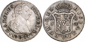 1778. Carlos III. Sevilla. CF. 8 reales. (Cal. 1040). 26,89 g. Bella. Preciosa pátina. Rara y más así. EBC.