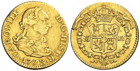 1773. Carlos III. Madrid. PJ. 1/2 escudo. (Cal. 767). 1,74 g. Ex Colección Samuel Prades Montoliu. MBC.