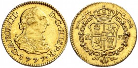 1777. Carlos III. Madrid. PJ. 1/2 escudo. (Cal. 771). 1,78 g. Bella. Ex Áureo & Calicó 05/07/2017, nº 357. Escasa así. EBC/EBC+.