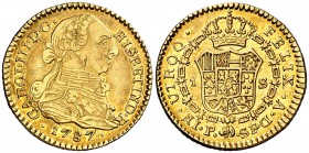 1787. Carlos III. Popayán. SF. 1 escudo. (Cal. 686) (Restrepo 54-32). 3,37 g. Leves golpecitos. Bella. Brillo original. Rara así. EBC-/EBC.