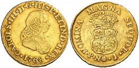 1768. Carlos III. Popayán. J. 2 escudos. (Cal. 498) (Restrepo 58-12). 6,64 g. Busto de Fernando VI. Bonita pátina. Parte de brillo original. Rara. MBC...