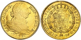 1779. Carlos III. Popayán. SF. 4 escudos. (Cal. 356) (Restrepo 68-9). En cápsula de la PCGS como AU55, nº 454033.55/84983657. Ex Colección El Dorado, ...