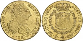 1762. Carlos III. México. MM. 8 escudos. (Cal. 73) (Cal.Onza 744). 27,02 g. Tipo "cara de rata". Leve hojita en reverso. Levísimas rayitas. Bonito col...