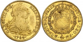 1784. Carlos III. México. FM. 8 escudos. (Cal. 107) (Cal.Onza 782). 26,89 g. Ceca y ensayador invertidos. Escasa. MBC-.