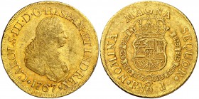 1767. Carlos III. Popayán. J. 8 escudos. (Cal. 118) (Cal.Onza 794) (Restrepo 70-9). 26,86 g. Busto de Fernando VI. Golpecitos. Parte de brillo origina...