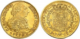 1772. Carlos III. Popayán. JS. 8 escudos. (Cal. 123) (Cal.Onza 799) (Restrepo 73-4). 27 g. Primer año de busto propio. Defecto de acuñación en canto. ...