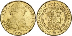 1775. Carlos III. Sevilla. CF. 8 escudos. (Cal. 254) (Cal.Onza 959). 26,94 g. Leves marquitas. Parte de brillo original. Bella. Ex Áureo & Calicó 04/1...
